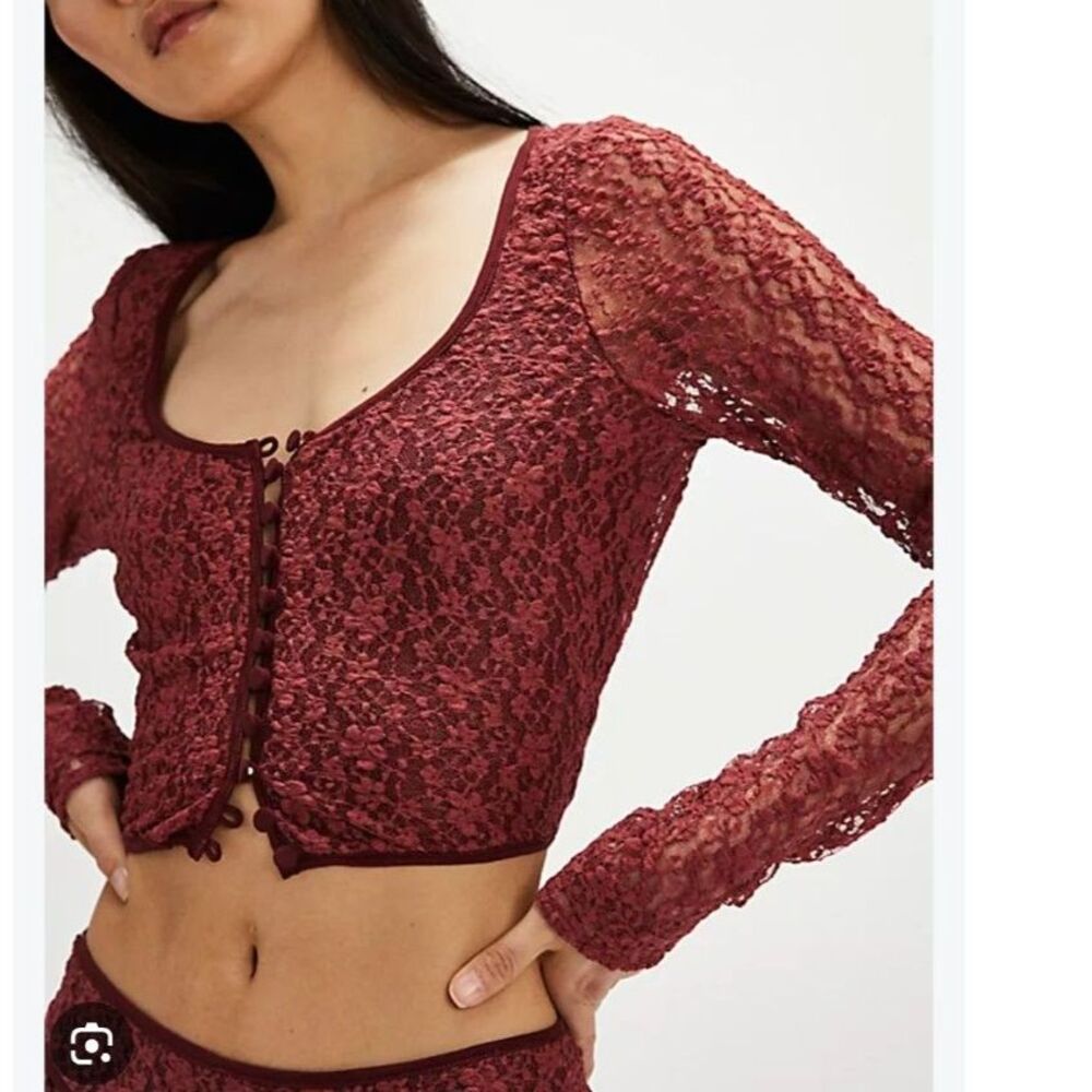 Free People Arcana Lace Crop Top Burgundy Sz M Long Sleeve Boho Coquette